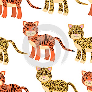 Seamless pattern cute animals tiger and leopard vector illustration